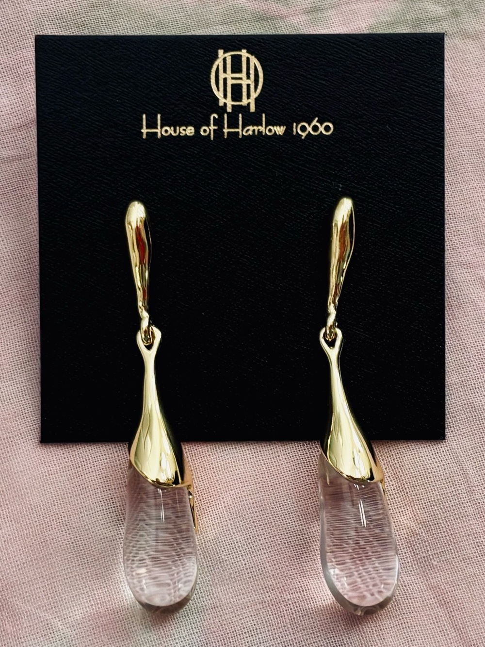 House of Harlow 1960 Gold and Clear Teardrop Dangle Earrings
